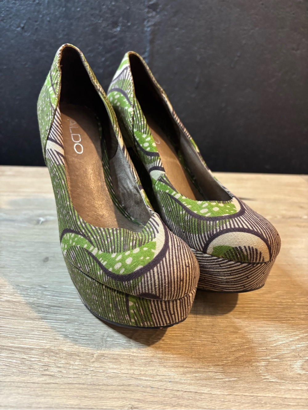 ALDO Green and Brown Patterned Platform Pumps